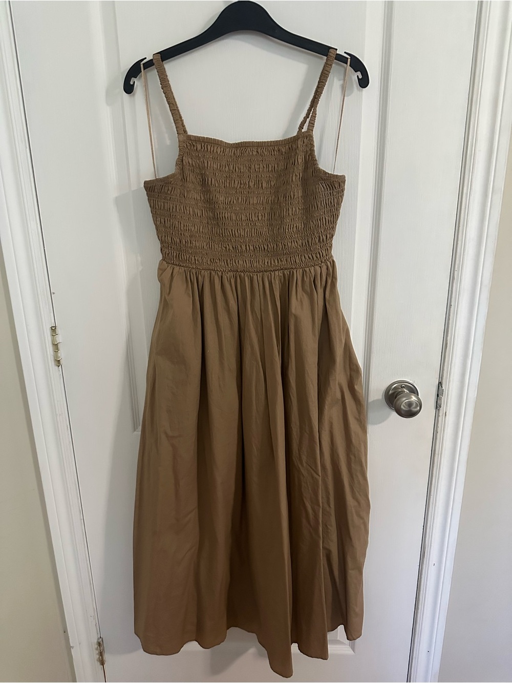 Smocked Bodice A-Line Midi Dress in Tan